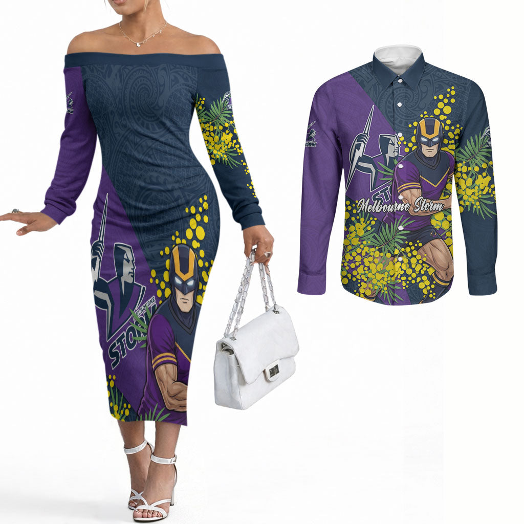 Melbourne Storm Couples Matching Off The Shoulder Long Sleeve Dress and Long Sleeve Button Shirt Golden Wattle Floral Polynesian - Australian Flower - Rugby Mascot