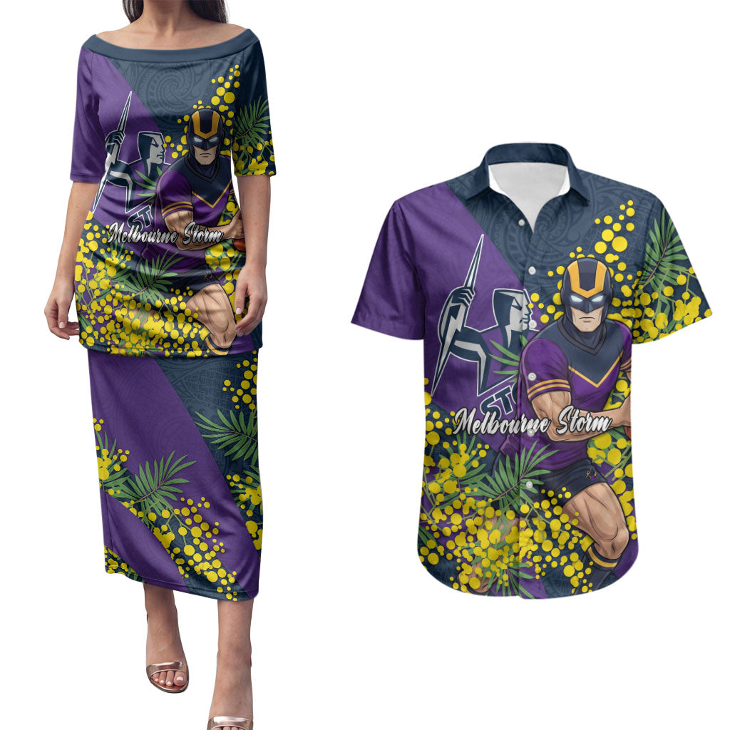 Melbourne Storm Couples Matching Puletasi and Hawaiian Shirt Golden Wattle Floral Polynesian - Australian Flower - Rugby Mascot