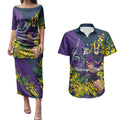 Melbourne Storm Couples Matching Puletasi and Hawaiian Shirt Golden Wattle Floral Polynesian - Australian Flower - Rugby Mascot