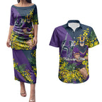 Melbourne Storm Couples Matching Puletasi and Hawaiian Shirt Golden Wattle Floral Polynesian - Australian Flower - Rugby Mascot