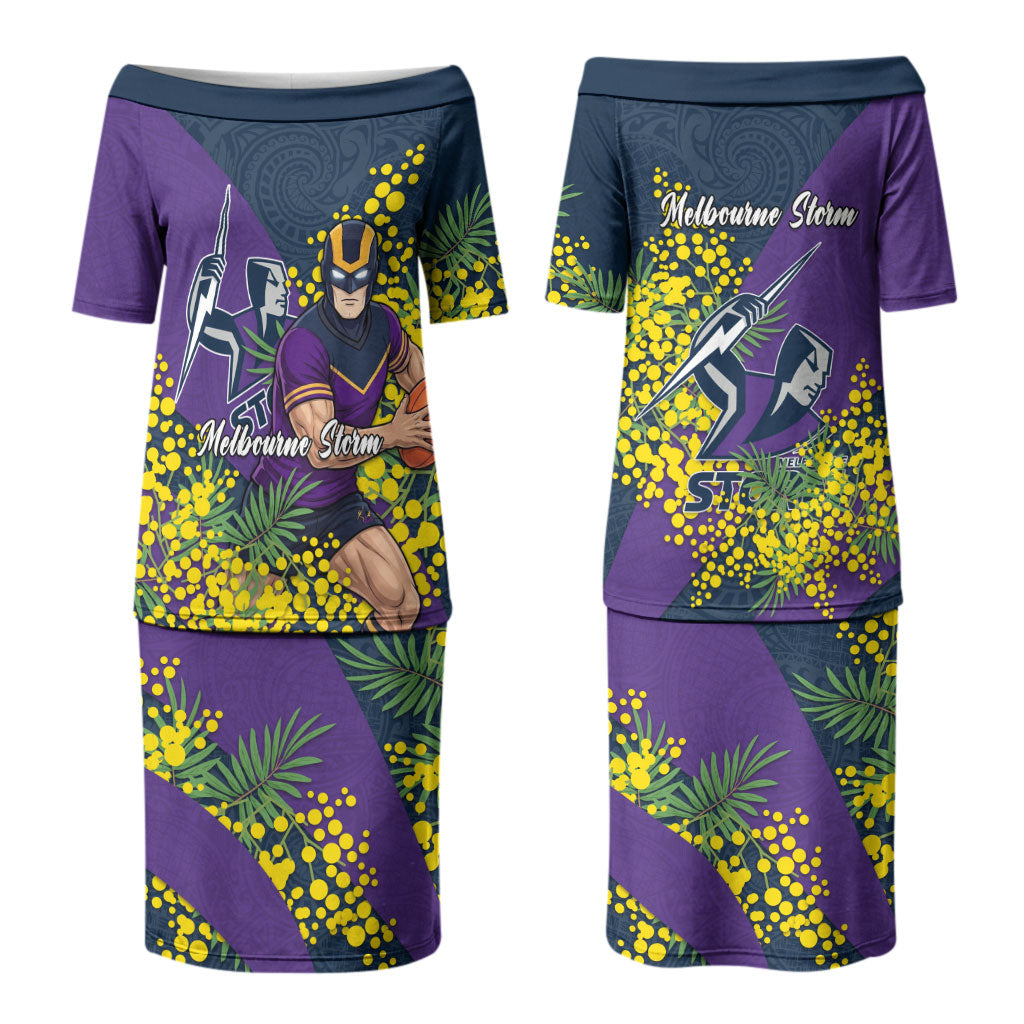 Melbourne Storm Couples Matching Puletasi and Hawaiian Shirt Golden Wattle Floral Polynesian - Australian Flower - Rugby Mascot
