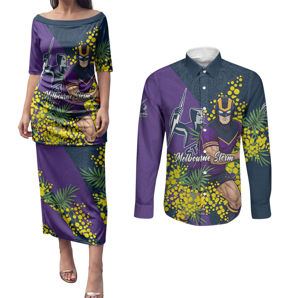 Melbourne Storm Couples Matching Puletasi and Long Sleeve Button Shirt Golden Wattle Floral Polynesian - Australian Flower - Rugby Mascot