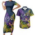 Melbourne Storm Couples Matching Short Sleeve Bodycon Dress and Hawaiian Shirt Golden Wattle Floral Polynesian - Australian Flower - Rugby Mascot