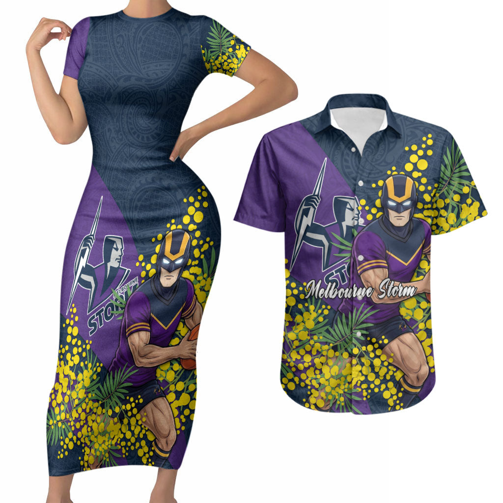 Melbourne Storm Couples Matching Short Sleeve Bodycon Dress and Hawaiian Shirt Golden Wattle Floral Polynesian - Australian Flower - Rugby Mascot