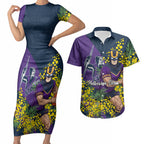 Melbourne Storm Couples Matching Short Sleeve Bodycon Dress and Hawaiian Shirt Golden Wattle Floral Polynesian - Australian Flower - Rugby Mascot