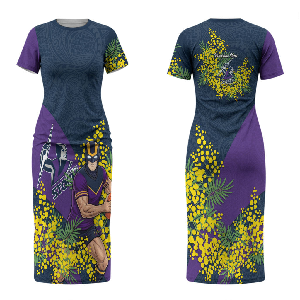 Melbourne Storm Couples Matching Short Sleeve Bodycon Dress and Hawaiian Shirt Golden Wattle Floral Polynesian - Australian Flower - Rugby Mascot