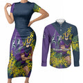 Melbourne Storm Couples Matching Short Sleeve Bodycon Dress and Long Sleeve Button Shirt Golden Wattle Floral Polynesian - Australian Flower - Rugby Mascot