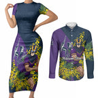 Melbourne Storm Couples Matching Short Sleeve Bodycon Dress and Long Sleeve Button Shirt Golden Wattle Floral Polynesian - Australian Flower - Rugby Mascot