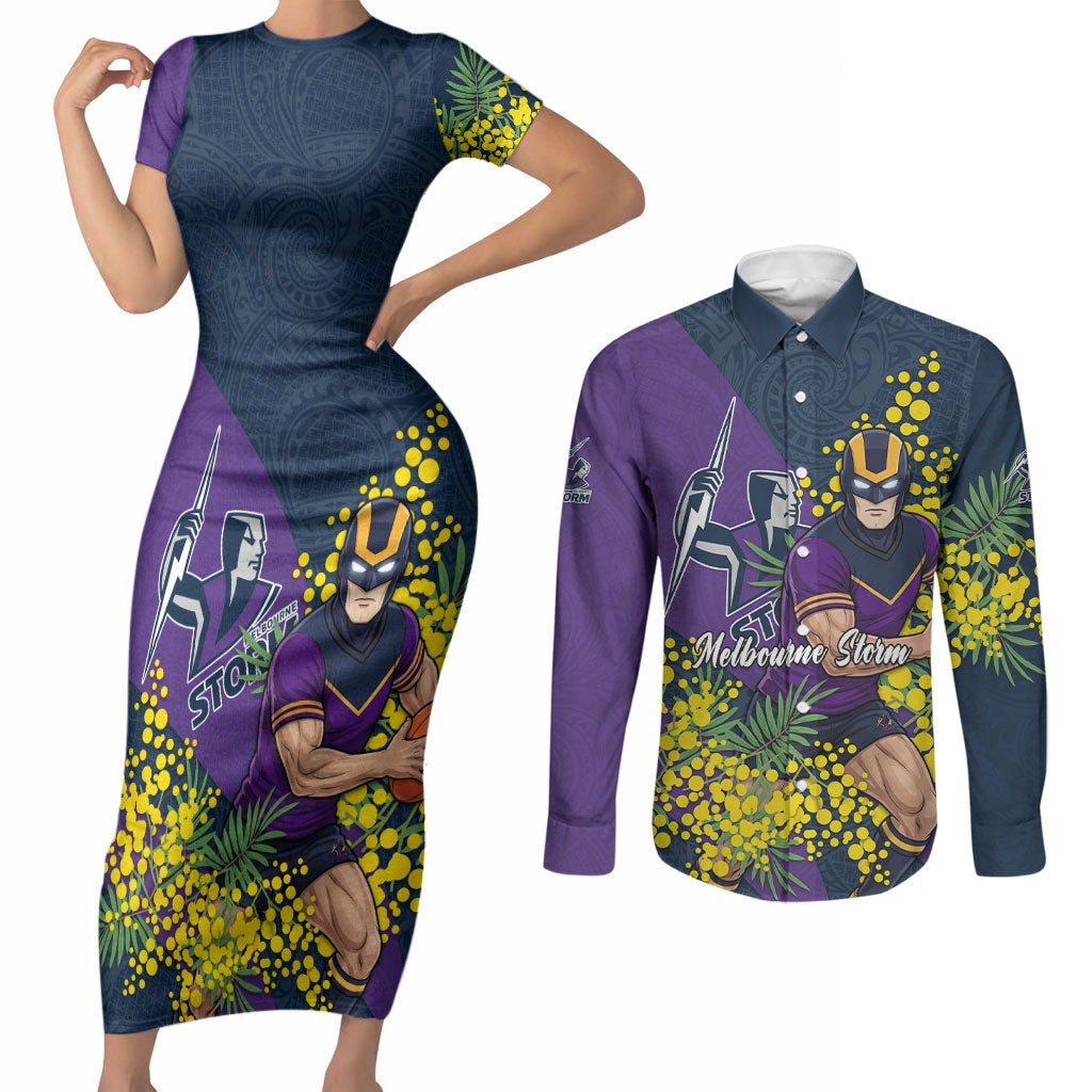 Melbourne Storm Couples Matching Short Sleeve Bodycon Dress and Long Sleeve Button Shirt Golden Wattle Floral Polynesian - Australian Flower - Rugby Mascot