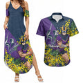 Melbourne Storm Couples Matching Summer Maxi Dress and Hawaiian Shirt Golden Wattle Floral Polynesian - Australian Flower - Rugby Mascot