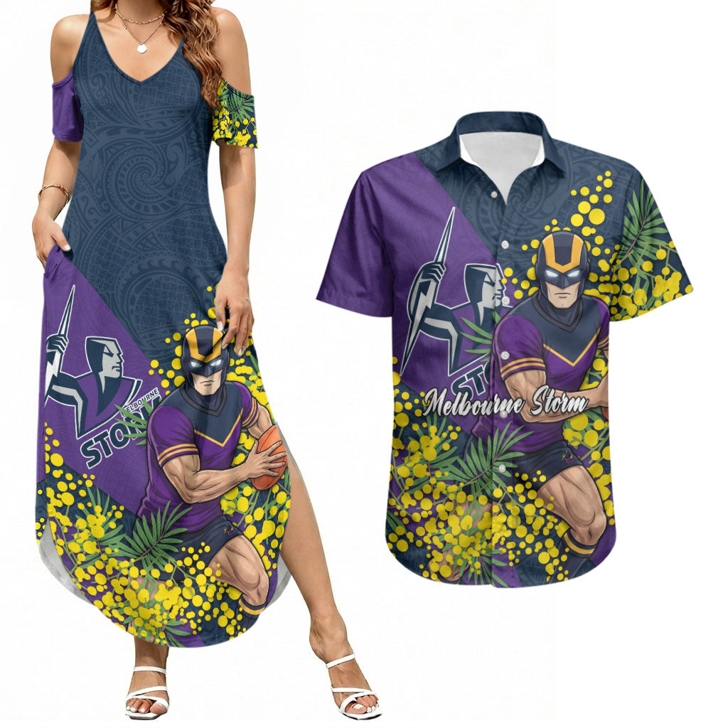 Melbourne Storm Couples Matching Summer Maxi Dress and Hawaiian Shirt Golden Wattle Floral Polynesian - Australian Flower - Rugby Mascot