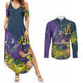 Melbourne Storm Couples Matching Summer Maxi Dress and Long Sleeve Button Shirt Golden Wattle Floral Polynesian - Australian Flower - Rugby Mascot