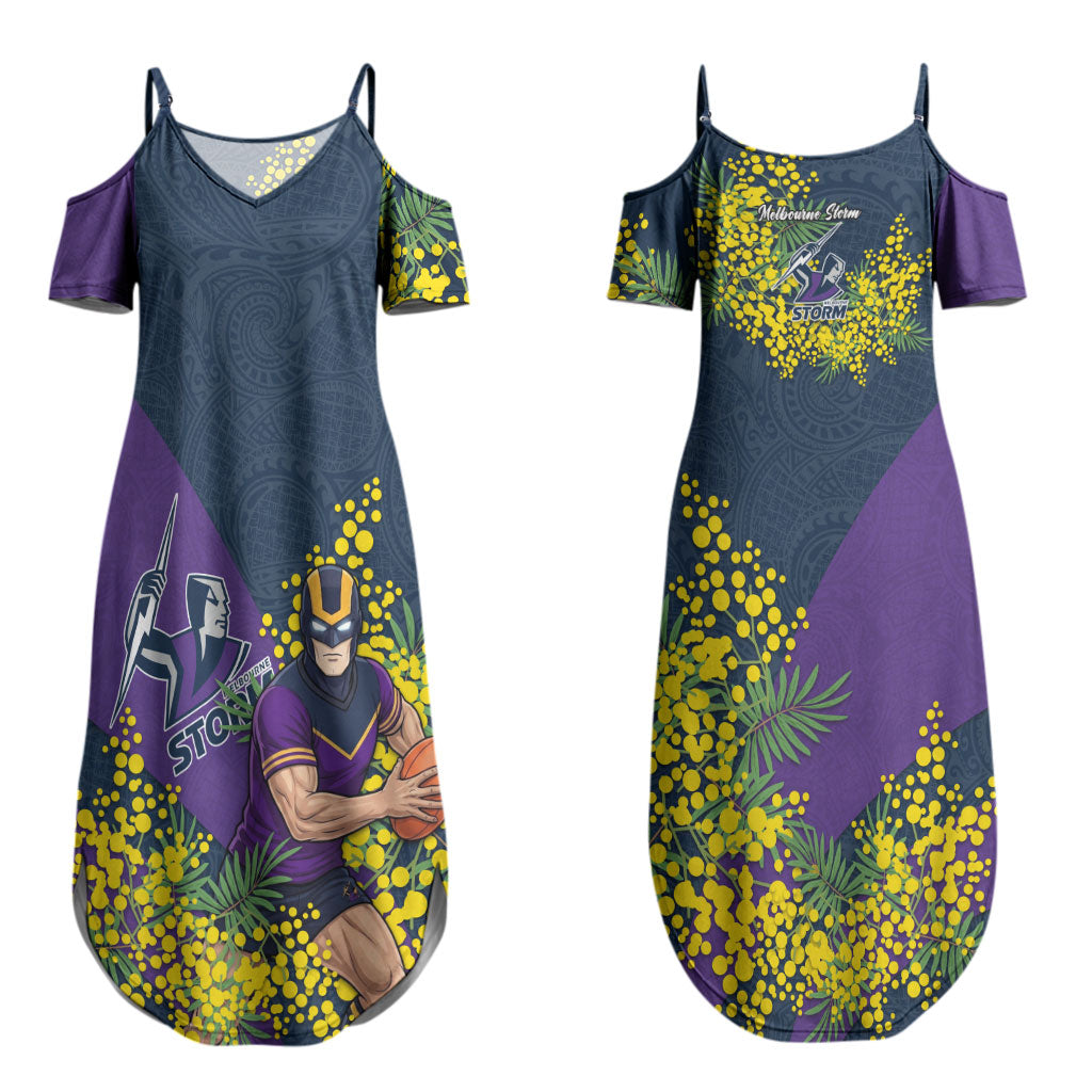 Melbourne Storm Couples Matching Summer Maxi Dress and Long Sleeve Button Shirt Golden Wattle Floral Polynesian - Australian Flower - Rugby Mascot