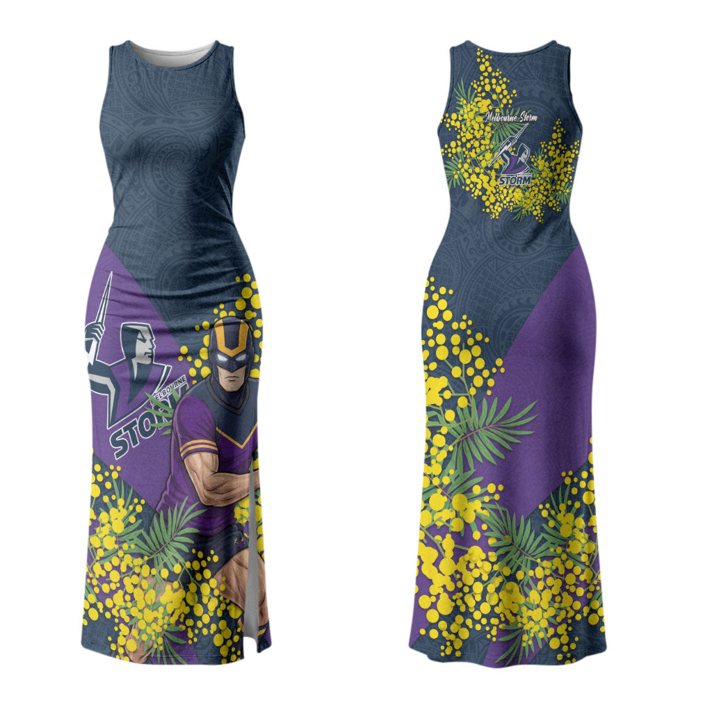 Melbourne Storm Couples Matching Tank Maxi Dress and Hawaiian Shirt Golden Wattle Floral Polynesian - Australian Flower - Rugby Mascot