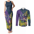 Melbourne Storm Couples Matching Tank Maxi Dress and Long Sleeve Button Shirt Golden Wattle Floral Polynesian - Australian Flower - Rugby Mascot
