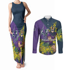Melbourne Storm Couples Matching Tank Maxi Dress and Long Sleeve Button Shirt Golden Wattle Floral Polynesian - Australian Flower - Rugby Mascot