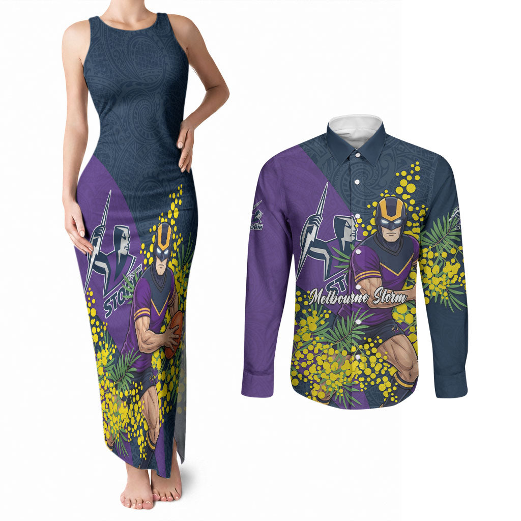 Melbourne Storm Couples Matching Tank Maxi Dress and Long Sleeve Button Shirt Golden Wattle Floral Polynesian - Australian Flower - Rugby Mascot