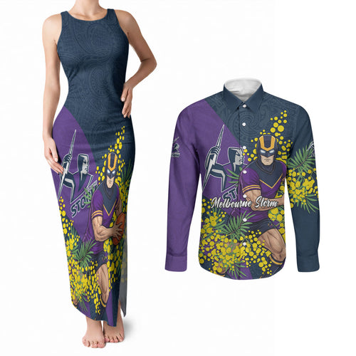 Melbourne Storm Couples Matching Tank Maxi Dress and Long Sleeve Button Shirt Golden Wattle Floral Polynesian - Australian Flower - Rugby Mascot
