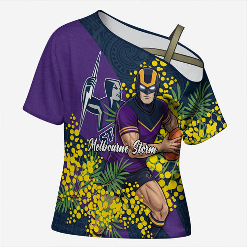 Melbourne Storm Cross Shoulder Shirt Golden Wattle Floral Polynesian - Australian Flower - Rugby Mascot