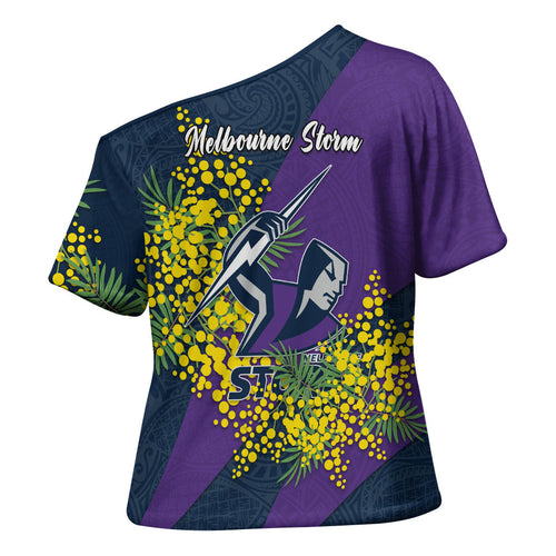 Melbourne Storm Cross Shoulder Shirt Golden Wattle Floral Polynesian - Australian Flower - Rugby Mascot
