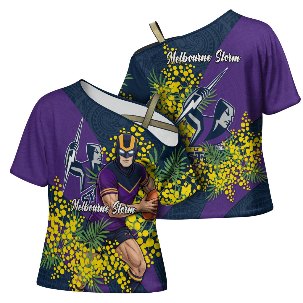 Melbourne Storm Cross Shoulder Shirt Golden Wattle Floral Polynesian - Australian Flower - Rugby Mascot