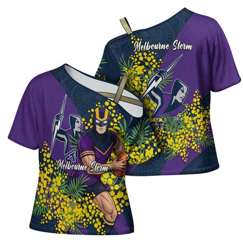 Melbourne Storm Cross Shoulder Shirt Golden Wattle Floral Polynesian - Australian Flower - Rugby Mascot