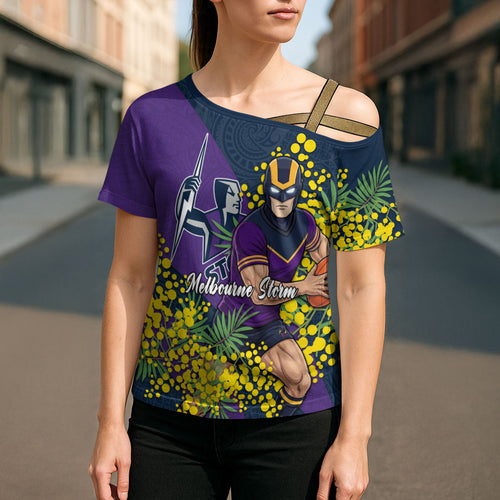 Melbourne Storm Cross Shoulder Shirt Golden Wattle Floral Polynesian - Australian Flower - Rugby Mascot