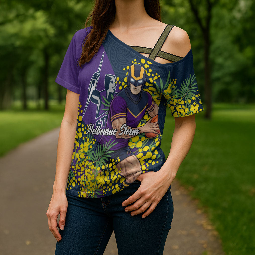 Melbourne Storm Cross Shoulder Shirt Golden Wattle Floral Polynesian - Australian Flower - Rugby Mascot