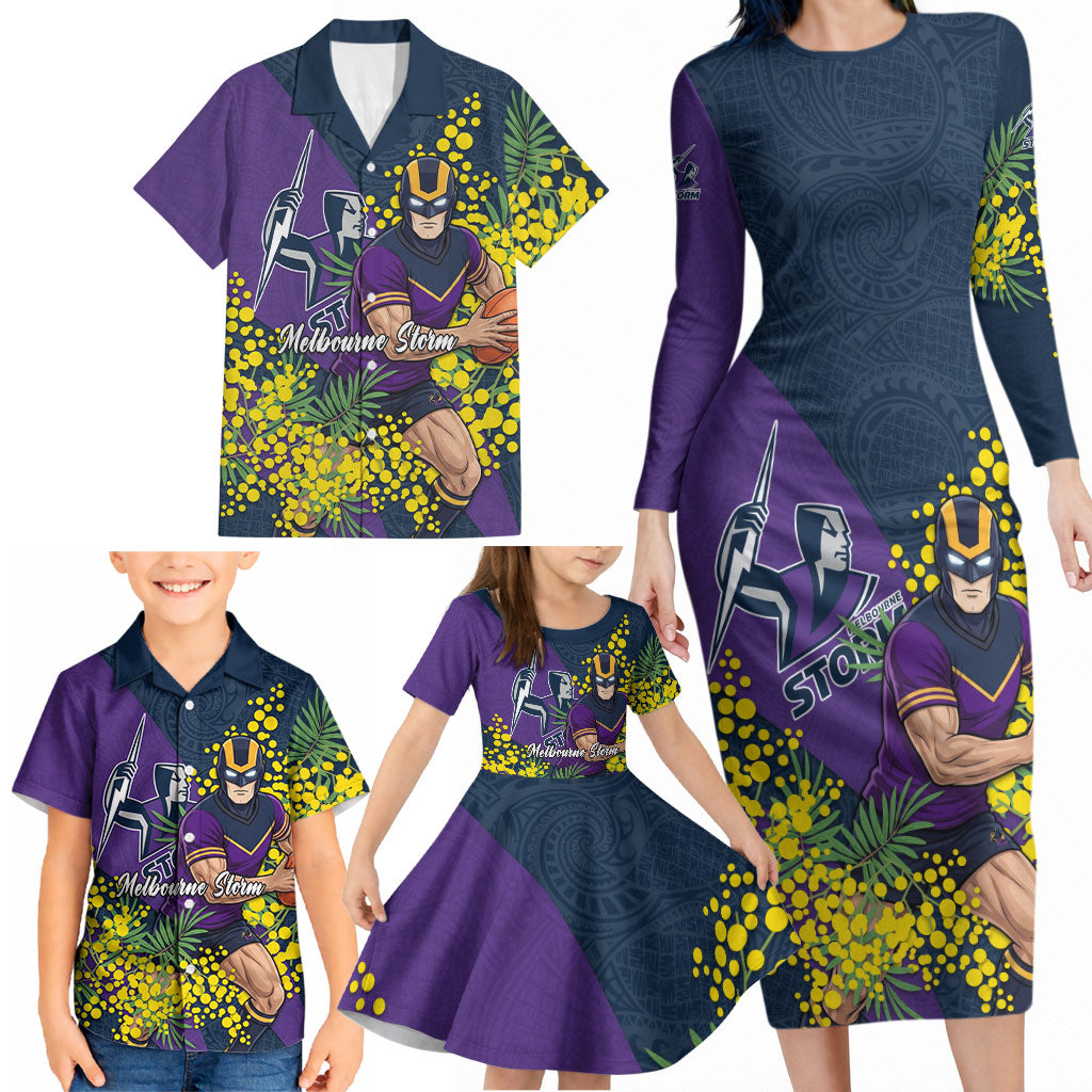 Melbourne Storm Family Matching Long Sleeve Bodycon Dress and Hawaiian Shirt Golden Wattle Floral Polynesian - Australian Flower - Rugby Mascot