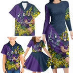 Melbourne Storm Family Matching Long Sleeve Bodycon Dress and Hawaiian Shirt Golden Wattle Floral Polynesian - Australian Flower - Rugby Mascot