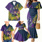 Melbourne Storm Family Matching Mermaid Dress and Hawaiian Shirt Golden Wattle Floral Polynesian - Australian Flower - Rugby Mascot