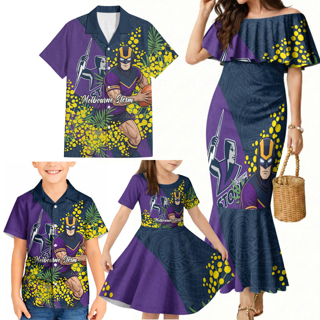 Melbourne Storm Family Matching Mermaid Dress and Hawaiian Shirt Golden Wattle Floral Polynesian - Australian Flower - Rugby Mascot