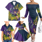 Melbourne Storm Family Matching Off The Shoulder Long Sleeve Dress and Hawaiian Shirt Golden Wattle Floral Polynesian - Australian Flower - Rugby Mascot