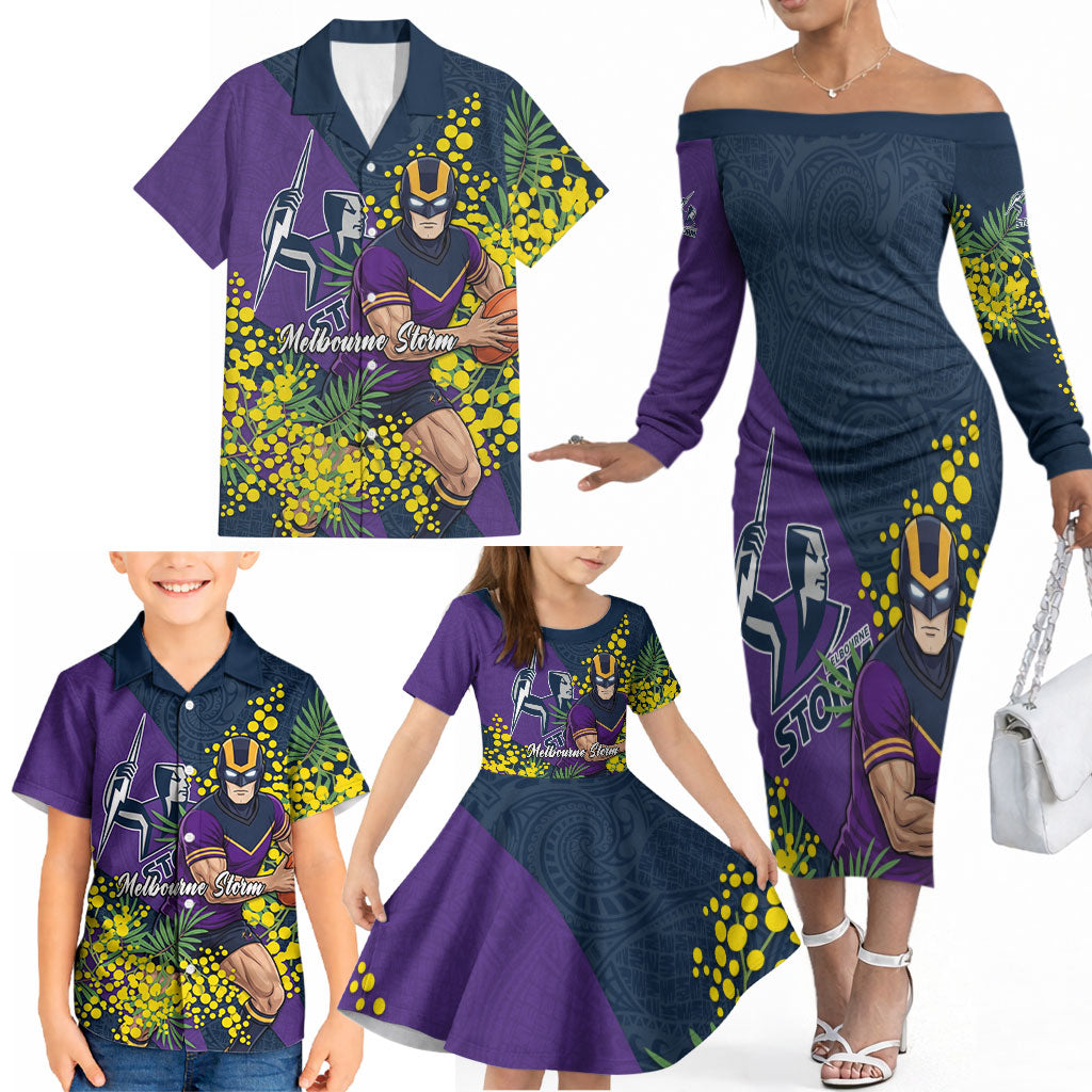 Melbourne Storm Family Matching Off The Shoulder Long Sleeve Dress and Hawaiian Shirt Golden Wattle Floral Polynesian - Australian Flower - Rugby Mascot