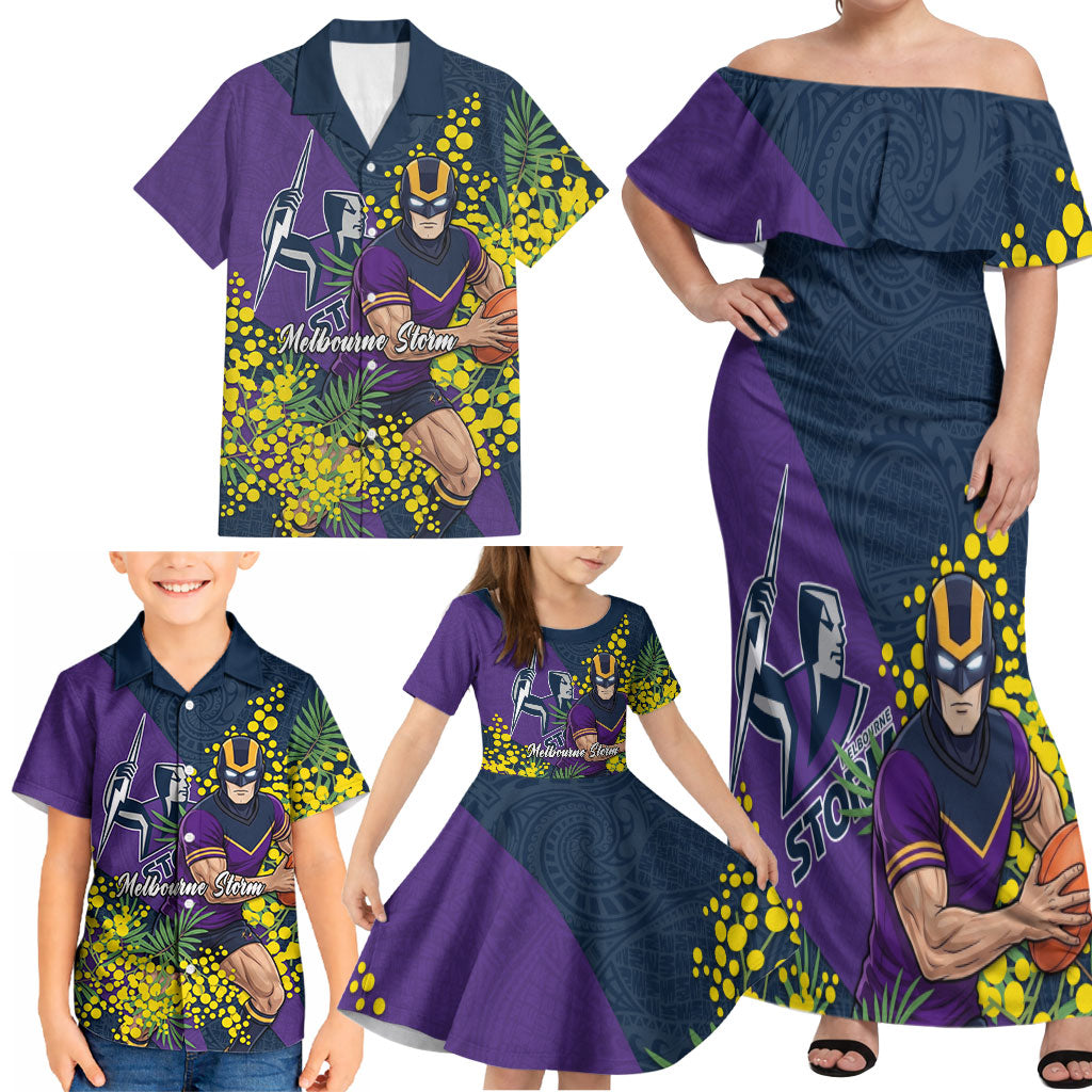 Melbourne Storm Family Matching Off Shoulder Maxi Dress and Hawaiian Shirt Golden Wattle Floral Polynesian - Australian Flower - Rugby Mascot