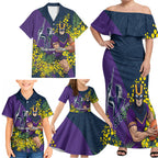 Melbourne Storm Family Matching Off Shoulder Maxi Dress and Hawaiian Shirt Golden Wattle Floral Polynesian - Australian Flower - Rugby Mascot