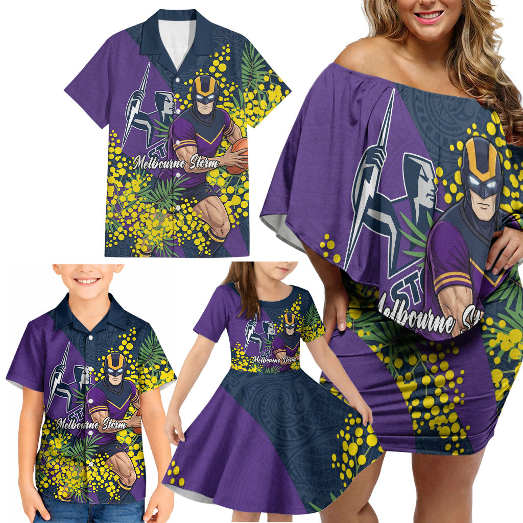 Melbourne Storm Family Matching Off Shoulder Short Dress and Hawaiian Shirt Golden Wattle Floral Polynesian - Australian Flower - Rugby Mascot