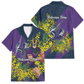 Melbourne Storm Family Matching Off Shoulder Short Dress and Hawaiian Shirt Golden Wattle Floral Polynesian - Australian Flower - Rugby Mascot
