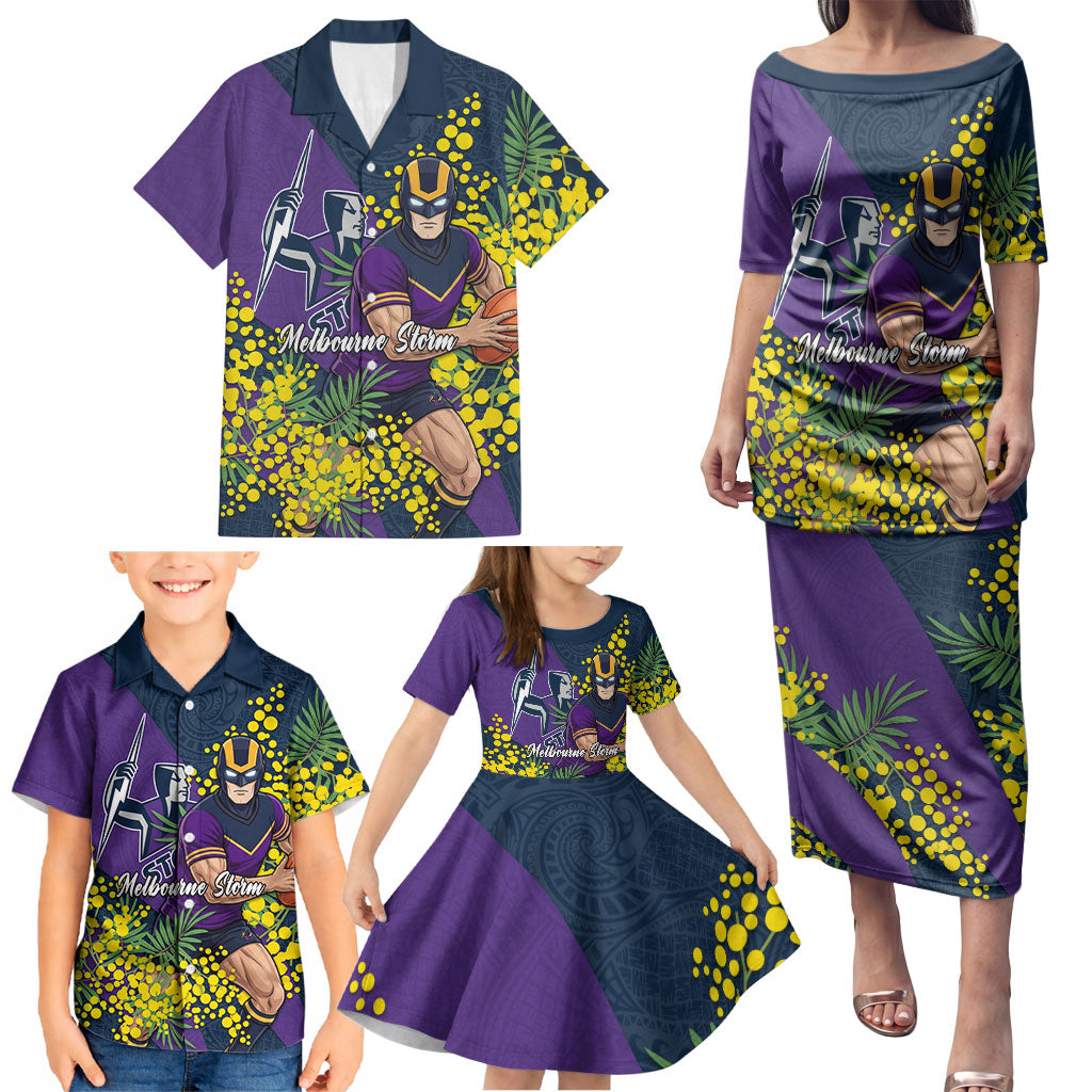 Melbourne Storm Family Matching Puletasi and Hawaiian Shirt Golden Wattle Floral Polynesian - Australian Flower - Rugby Mascot