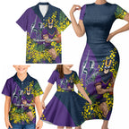 Melbourne Storm Family Matching Short Sleeve Bodycon Dress and Hawaiian Shirt Golden Wattle Floral Polynesian - Australian Flower - Rugby Mascot