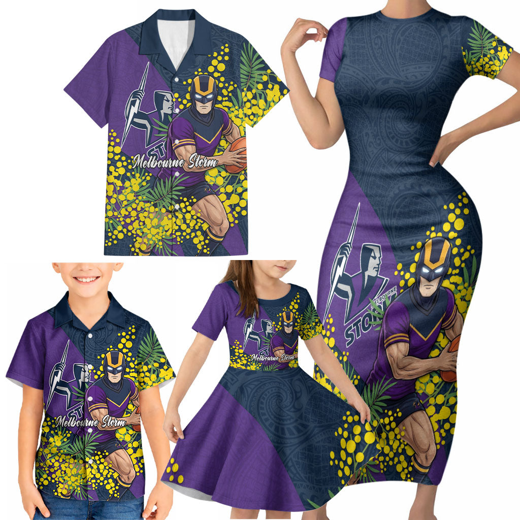 Melbourne Storm Family Matching Short Sleeve Bodycon Dress and Hawaiian Shirt Golden Wattle Floral Polynesian - Australian Flower - Rugby Mascot