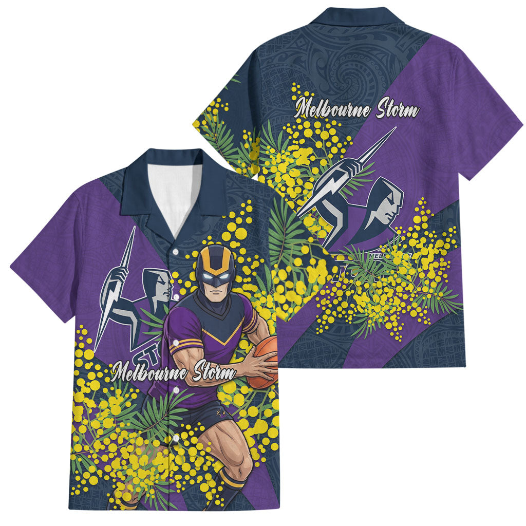 Melbourne Storm Family Matching Short Sleeve Bodycon Dress and Hawaiian Shirt Golden Wattle Floral Polynesian - Australian Flower - Rugby Mascot