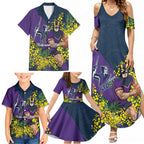 Melbourne Storm Family Matching Summer Maxi Dress and Hawaiian Shirt Golden Wattle Floral Polynesian - Australian Flower - Rugby Mascot