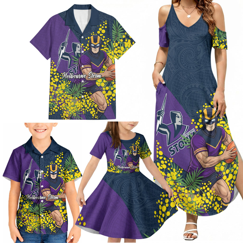 Melbourne Storm Family Matching Summer Maxi Dress and Hawaiian Shirt Golden Wattle Floral Polynesian - Australian Flower - Rugby Mascot