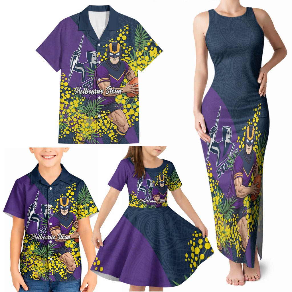 Melbourne Storm Family Matching Tank Maxi Dress and Hawaiian Shirt Golden Wattle Floral Polynesian - Australian Flower - Rugby Mascot