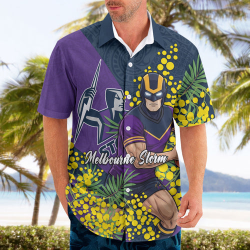 Melbourne Storm Hawaiian Shirt Golden Wattle Floral Polynesian - Australian Flower - Rugby Mascot