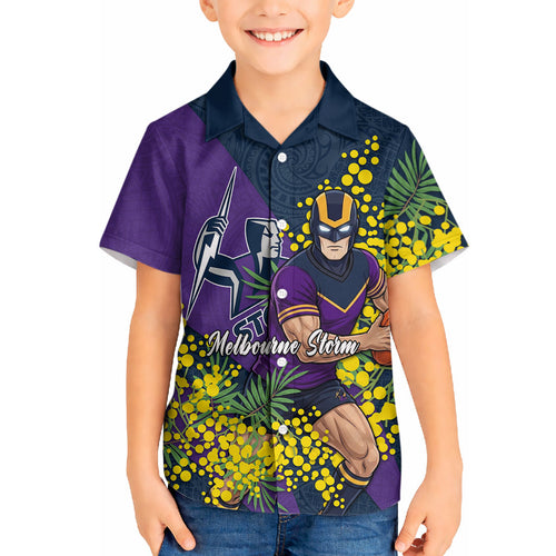 Melbourne Storm Hawaiian Shirt Golden Wattle Floral Polynesian - Australian Flower - Rugby Mascot