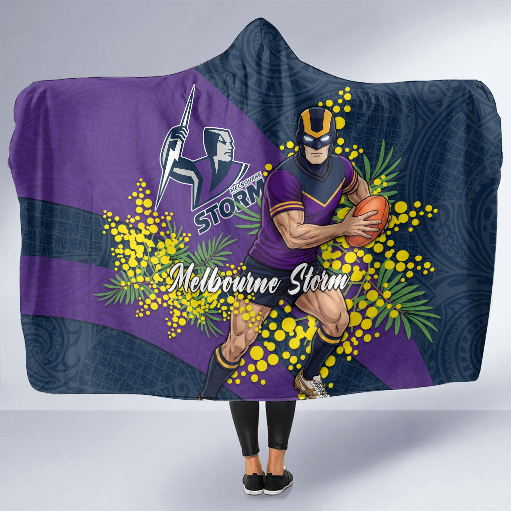 Melbourne Storm Hooded Blanket Golden Wattle Floral Polynesian - Australian Flower - Rugby Mascot
