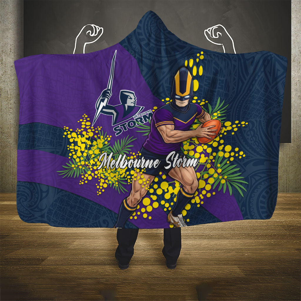 Melbourne Storm Hooded Blanket Golden Wattle Floral Polynesian - Australian Flower - Rugby Mascot