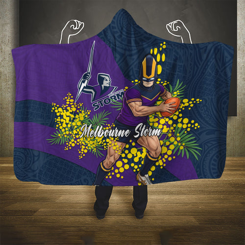 Melbourne Storm Hooded Blanket Golden Wattle Floral Polynesian - Australian Flower - Rugby Mascot
